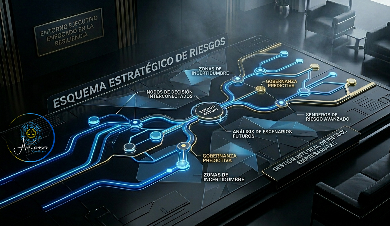 Visualización abstracta de análisis y gestión de riesgos organizacionales, enfocada en la toma de decisiones y la resiliencia empresarial.