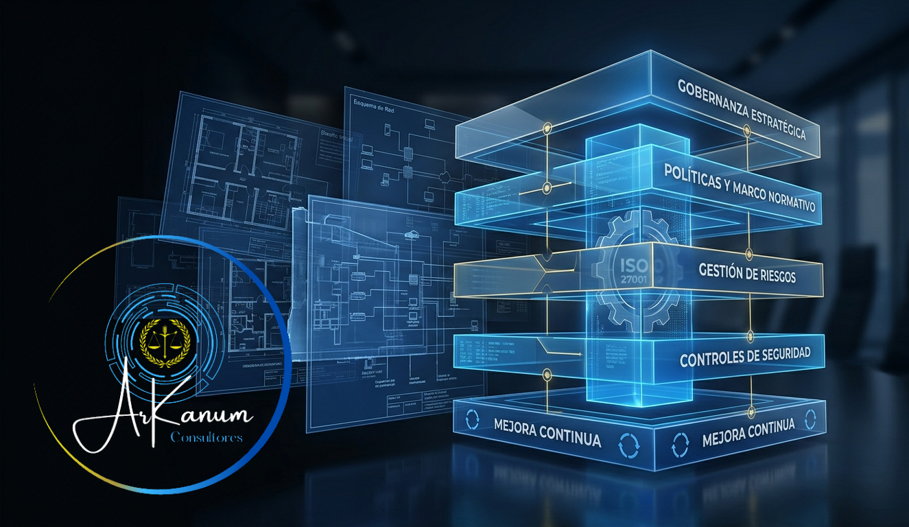 Representación visual de la implementación de un Sistema de Gestión de Seguridad de la Información basado en ISO 27001, enfocado en gobernanza, gestión de riesgos y mejora continua.