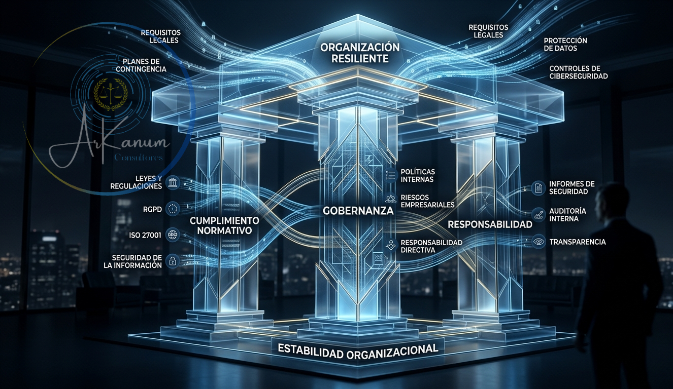 Visualización conceptual de cumplimiento normativo, gobernanza y adecuación regulatoria relacionada con ciberseguridad y gestión organizacional.